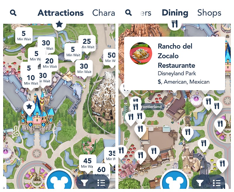 Disneyland App mostrando tiempos de espera y restaurantes - disneylandiaaldia.com